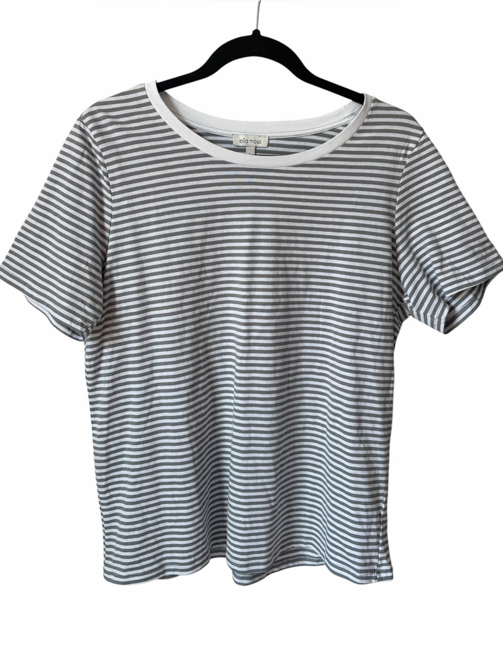 Ella Moss White Grey Striped Crew Neck Cotton Tee Women's Large
